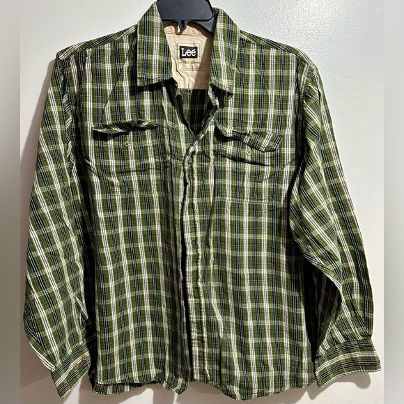 Men’s Lee Flannel Button Down Vintage Green Plaid Long Sleeve (693) - Picture 1 of 3